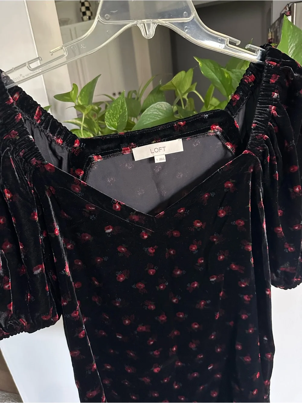 LOFT Black Velvet Puff-Sleeve Top with Red Floral Dots